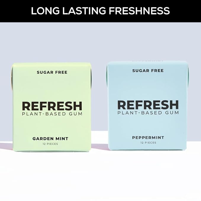 Refresh Gum, Sugar Free, Natural, Xylitol, Long Lasting Chewing Gum, Natural Flavors, Organic Ingredients, Plastic Free, Non GMO, Gluten Free, Vegan (12 Count (Pack of 6), Mint Variety)