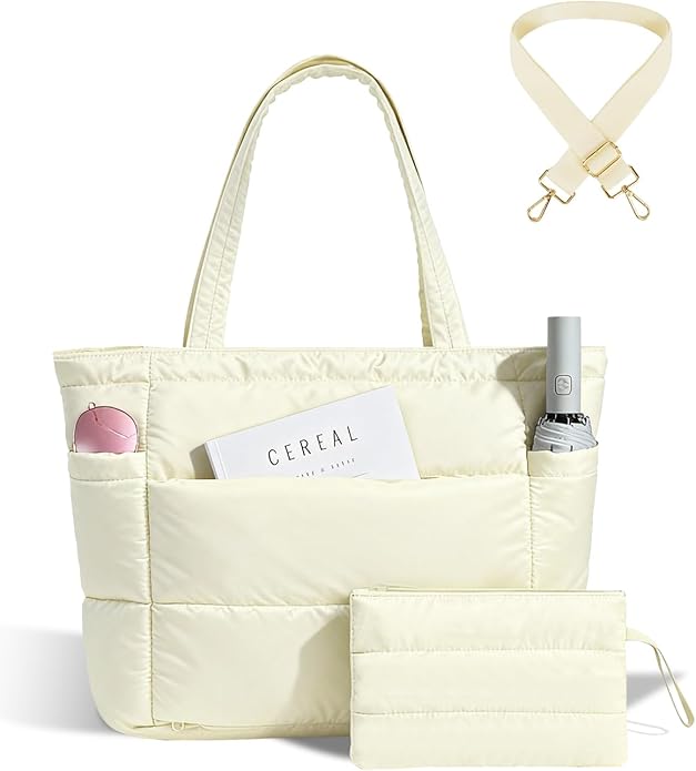Moyad Puffy Tote Bag for Women with Zipper, Lightweight Quilted Bags Shoulder Handbag for Work, Travel, Gym, Nurse, Teacher