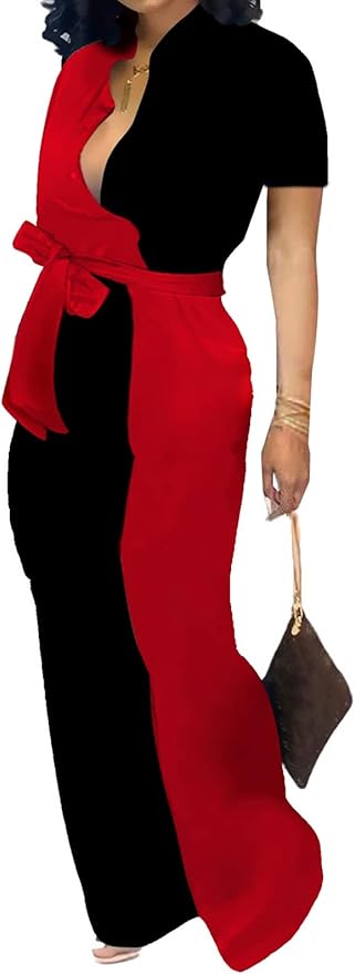SeNight Women's Jumpsuits Elegant Business Casual Button Down V Neck Long Sleeve Strap Straight Long Pants With Pockets