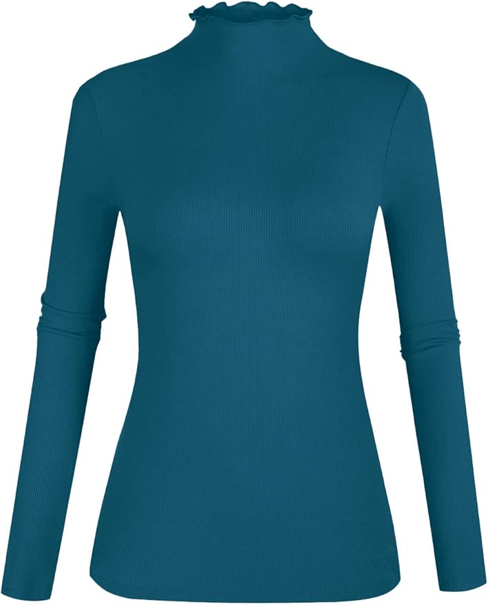 POPZONE Women's Lettuce Trim Mock Neck Long Sleeve Slim Fit Ribbed Knit Tee Shirt Tops