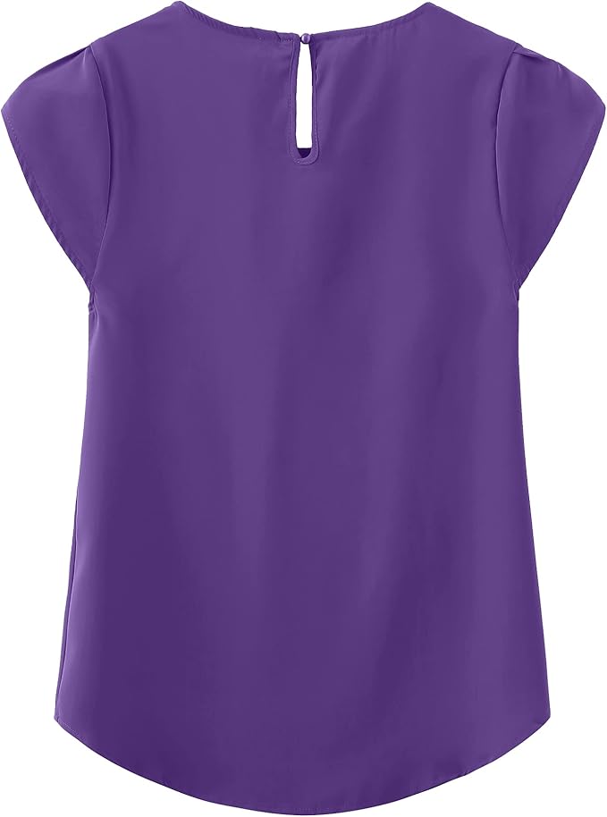 TASAMO Women's Casual Round Neck Basic Pleated Top Cap Sleeve Curved Keyhole Back Chiffon Blouse