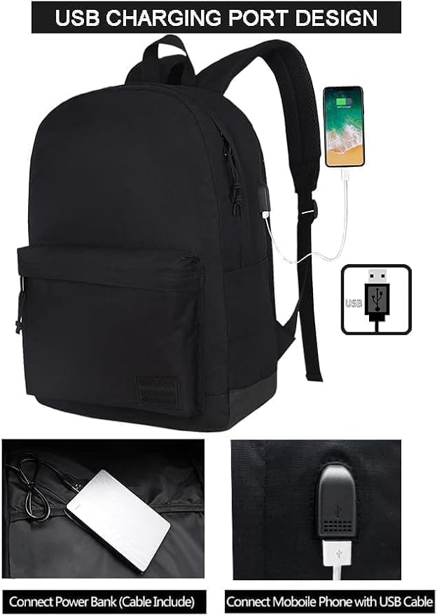 SUPACOOL Casual Laptop Backpack for Men and Women, Work backpack, Black Backpacks, College School Backpack for Boys and Girls, USB Charging Port, Lightweight Travel Back Pack(Black)