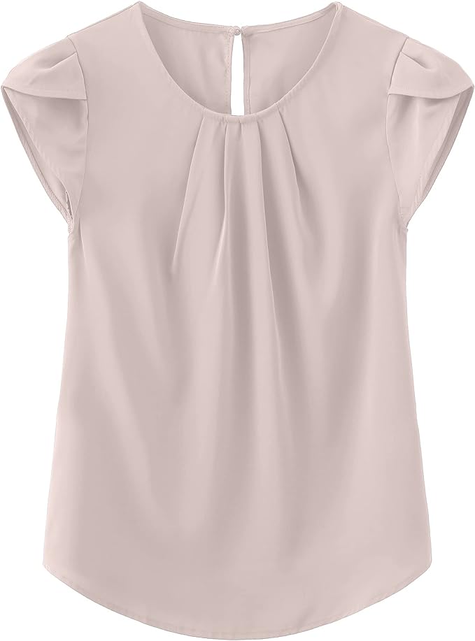 TASAMO Women's Casual Round Neck Basic Pleated Top Cap Sleeve Curved Keyhole Back Chiffon Blouse