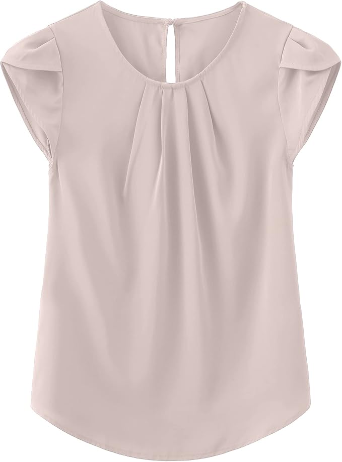 TASAMO Women's Casual Round Neck Basic Pleated Top Cap Sleeve Curved Keyhole Back Chiffon Blouse