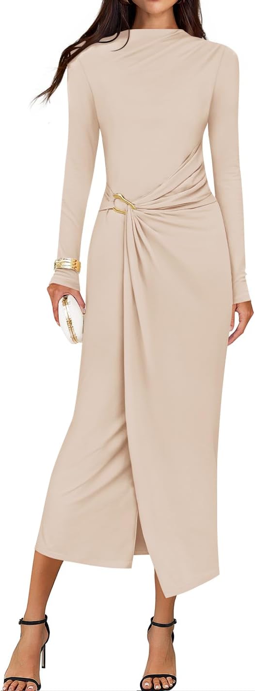 ZESICA Women's 2026 Spring Long Sleeve Bodycon Dress Mock Neck Wedding Guest Cocktail Party Long Midi Dresses