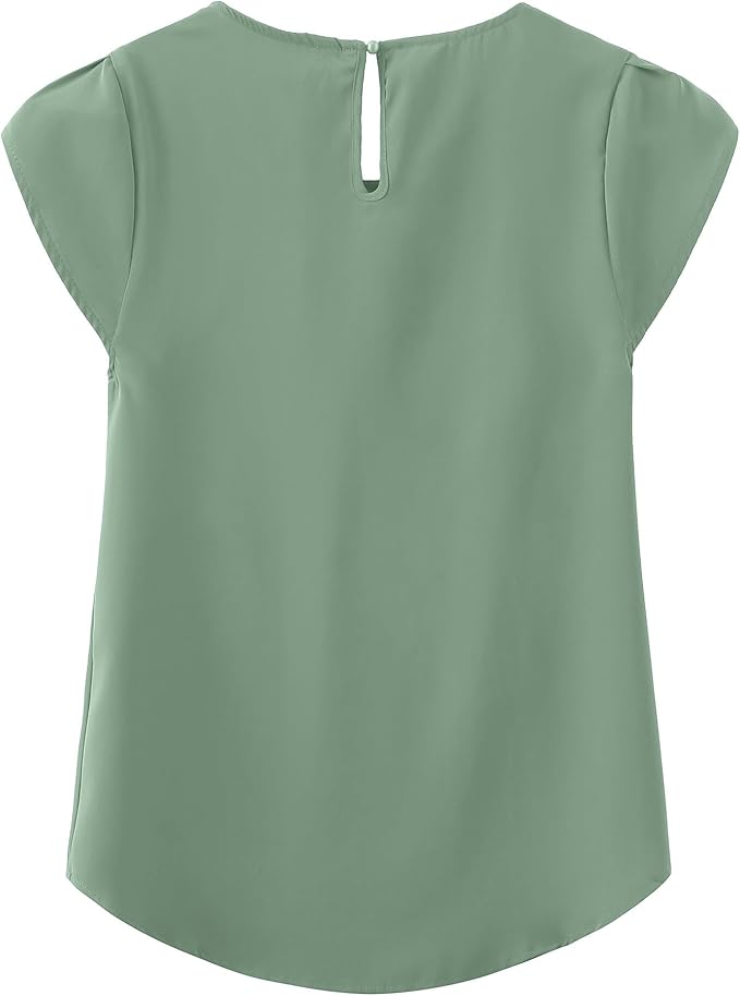 TASAMO Women's Casual Round Neck Basic Pleated Top Cap Sleeve Curved Keyhole Back Chiffon Blouse