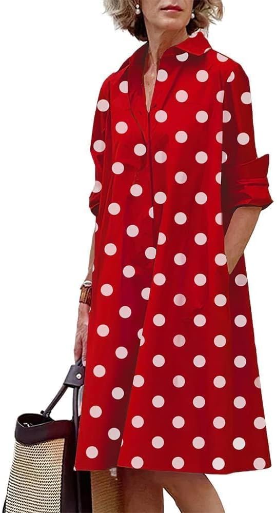 Womens 2025 Long Sleeve Button Down Shirt Summer Dress Casual V Neck Loose Fit Midi Shirt Dresses with Pockets