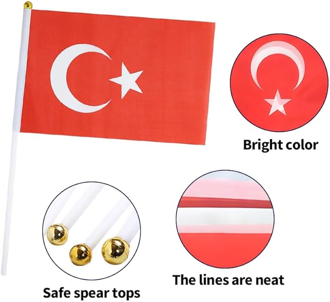 20 Pack Small Turkey Flags on Stick Mini Handheld Turkish Flag for Parades, Independence Day and Patriotic Events 5x8 Inch Durable Weather-Resistant Flags with 12 Inch Sticks(Turkey)