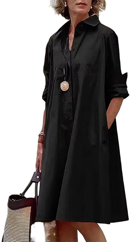 Womens 2025 Long Sleeve Button Down Shirt Summer Dress Casual V Neck Loose Fit Midi Shirt Dresses with Pockets
