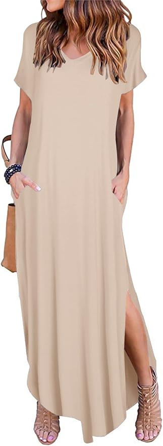 Arolina Women's Summer Maxi Dress Short Sleeve V Neck Casual Loose Long Beach Split Dresses with Pockets