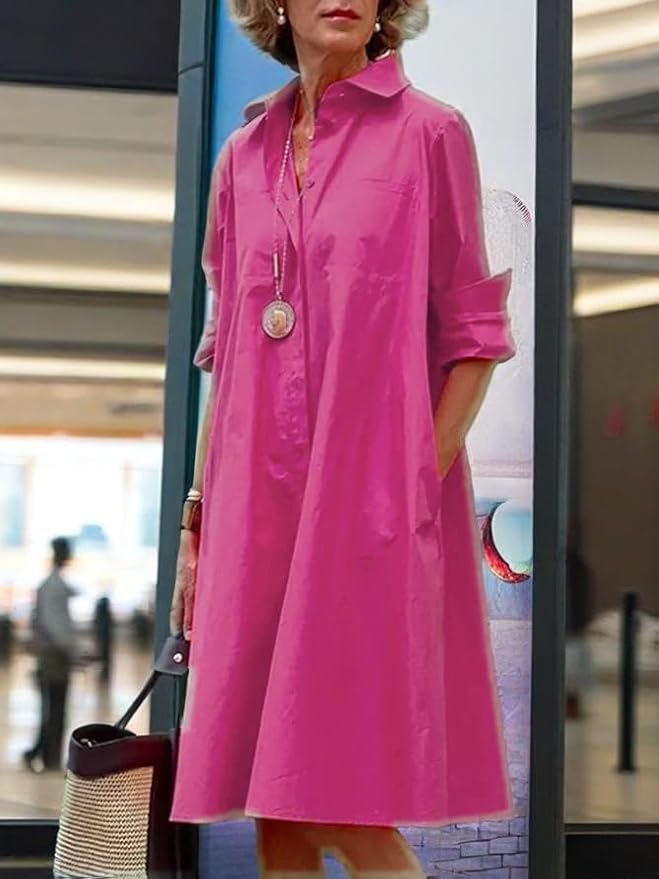 Womens 2025 Long Sleeve Button Down Shirt Summer Dress Casual V Neck Loose Fit Midi Shirt Dresses with Pockets