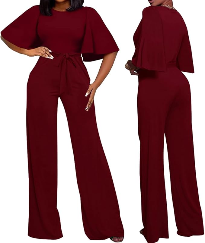 BessCops Womens Loose Short Sleeve Belted Wide Leg Pant Romper Jumpsuit Casual Business One Piece Outfits