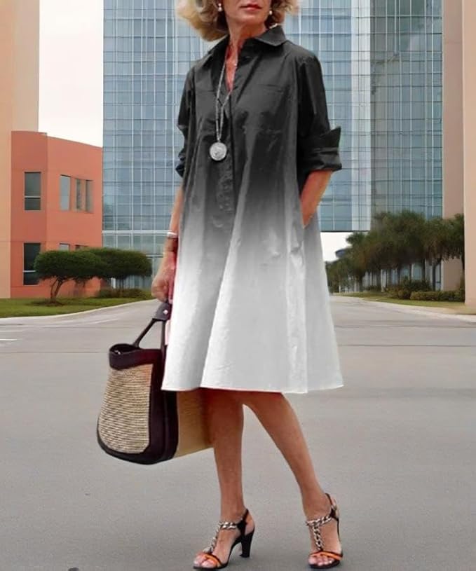 Womens 2025 Long Sleeve Button Down Shirt Summer Dress Casual V Neck Loose Fit Midi Shirt Dresses with Pockets