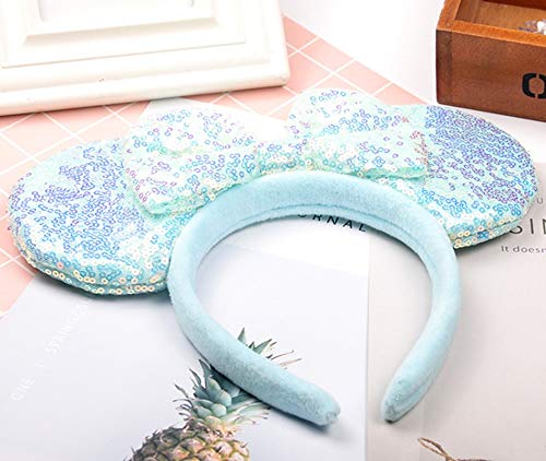 WW-WONDERFULWORLD Blue Mouse Ears Headbands With Bow & Sequins, for Cartoon Princess Costume Cosplay Decoration, Glitter Party for Women & Adult; FG1L (Soft Flannel Unisex)