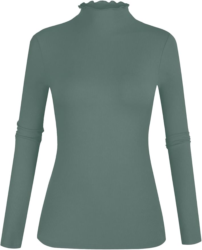 POPZONE Women's Lettuce Trim Mock Neck Long Sleeve Slim Fit Ribbed Knit Tee Shirt Tops