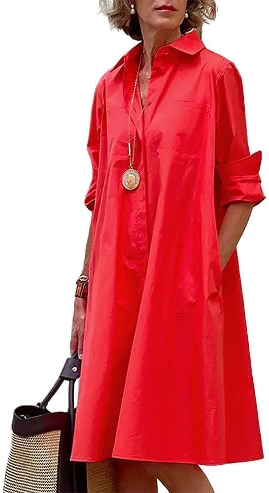 Womens 2025 Long Sleeve Button Down Shirt Summer Dress Casual V Neck Loose Fit Midi Shirt Dresses with Pockets