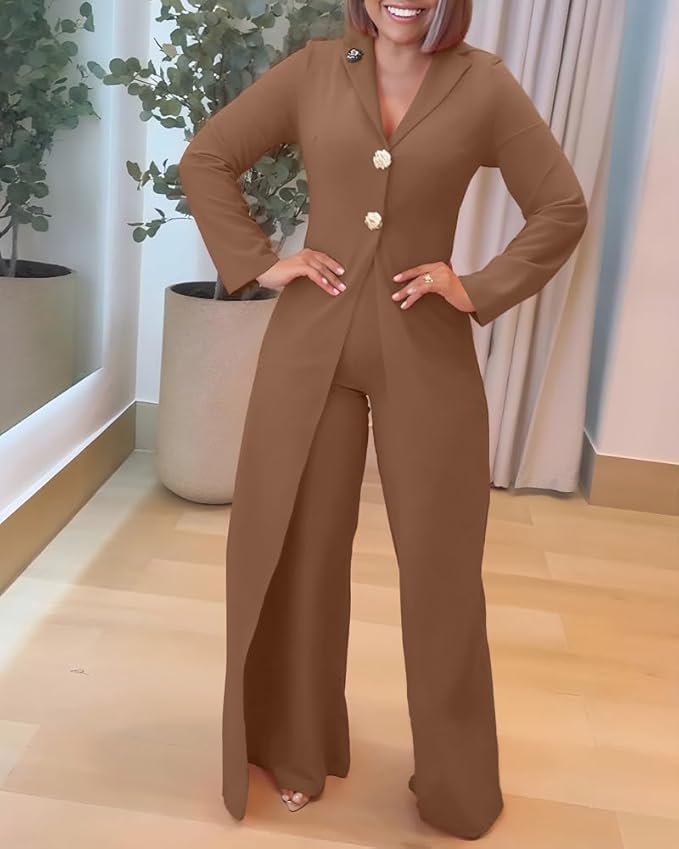 CHICME Womens Faux Two Piece Jumpsuits Casual Dressy Long Sleeve V Neck Wide Leg One Piece Outfits