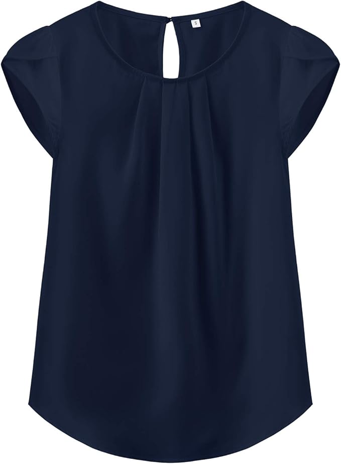 TASAMO Women's Casual Round Neck Basic Pleated Top Cap Sleeve Curved Keyhole Back Chiffon Blouse