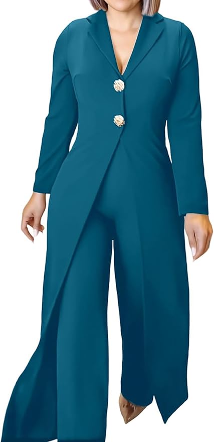 CHICME Womens Faux Two Piece Jumpsuits Casual Dressy Long Sleeve V Neck Wide Leg One Piece Outfits