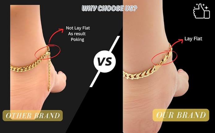 BA UNIQUE FASHION Gold Electroplated Anklet for Women, 9-12 Inch Sizes, Figaro, Cuban, Mariner, Herringbone Design - Made in Korea
