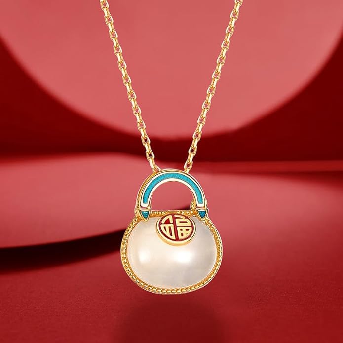 AMINKINA 14K Gold Real Natural Jade Enamel Fortune Bag Necklace, Unique Vintage Style Jade Pendant, Delicate Jade Jewelry Gift for Wife's Prosperity