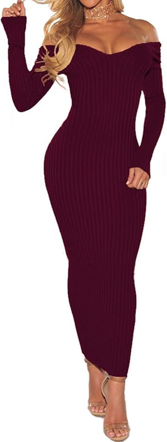 SheKiss Women's Off Shoulder Long Sleeves Bodycon Sweater Dress Sexy Knit Slim Cardigans