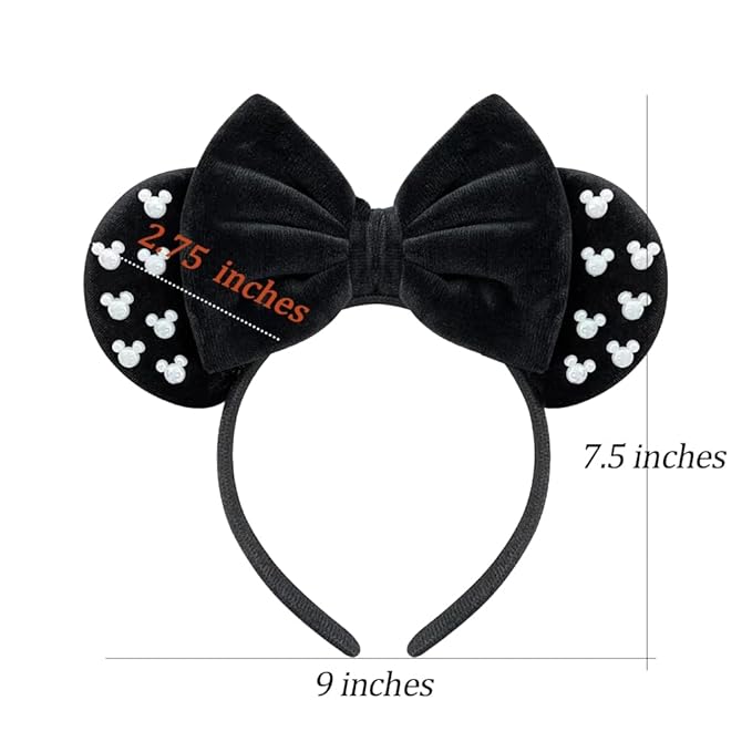 Trnerm Black Fuzzy Mouse Ears Headband for Women, Cute Beads Headband with Bows，Halloween Costume Accessory
