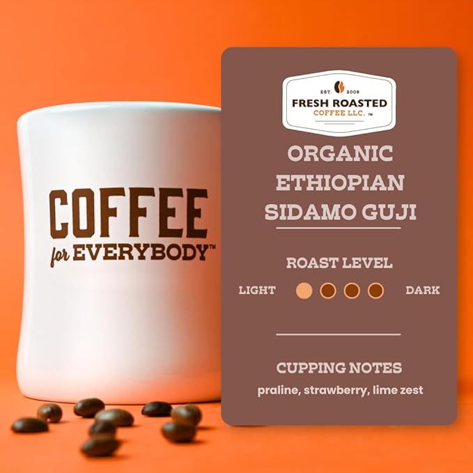 Fresh Roasted Coffee, Organic Ethiopian Sidamo Natural | USDA Organic, 100% Single Origin, Kosher | Light Roast 72 Pods for K Cup Brewers