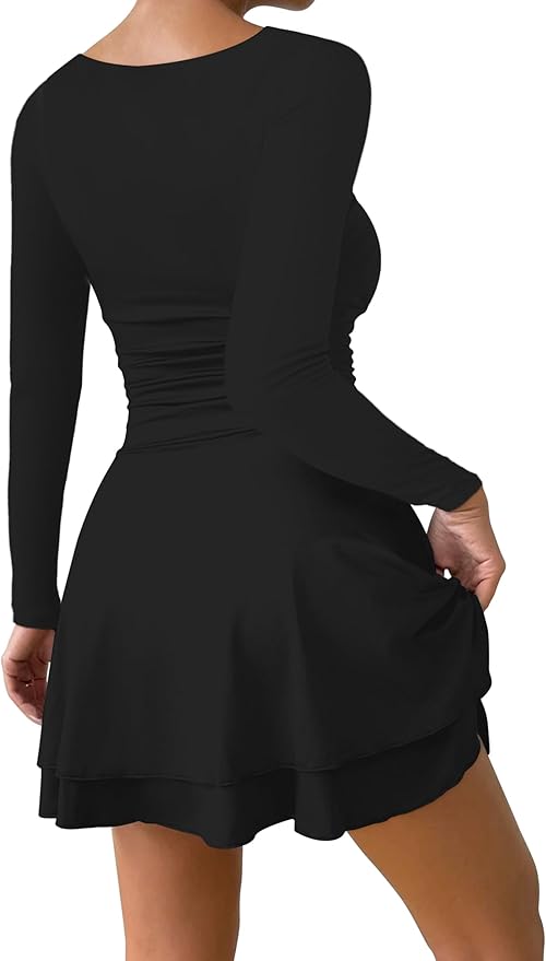 IWD Women's Square Neck Long Sleeve Mini Dress Ruched Corset Waist Tiered Ruffle Hem A Line Short Party Dresses