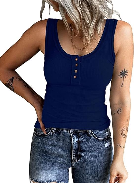 KINLONSAIR Women's Sleeveless Henley Tank Tops Ribbed V Neck Button Down T Shirts Summer Slim Fit Tee Tops