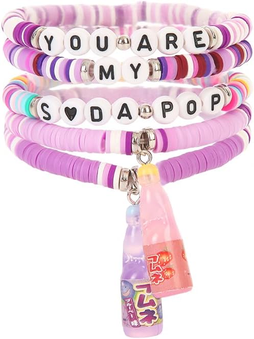 Byqone 5Pcs K-pop Merch Soda Bracelet Birthday Party Friendship BFF Gifts for Fans Decor, Personalized Letter Beads with Soda Bottle Charm