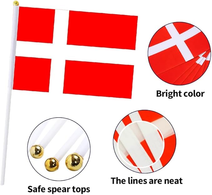 20 Pack Small Denmark Flags on Stick Mini Handheld Danish Flag for Parades, Independence Day and Patriotic Events 5x8 Inch Durable Weather-Resistant Flags with 12 Inch Sticks(Denmark)