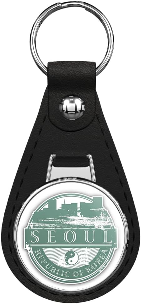 Glover Trading Seoul Korea Grunge Rubber Travel Stamp Black Leather Key Chain Keychain Silver Ring