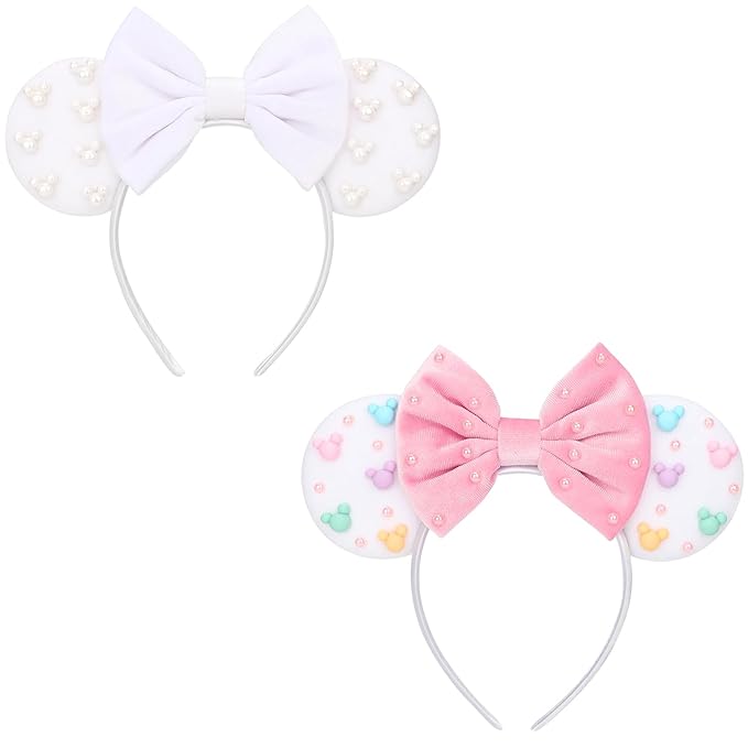 DRESHOW Mouse Ears Headbands for Women Plain White Pearl Mickey Ears Hairbands Bow Head Bands Velvet Head Band Cosplay Costume Princess Party Decorations Disney Trip