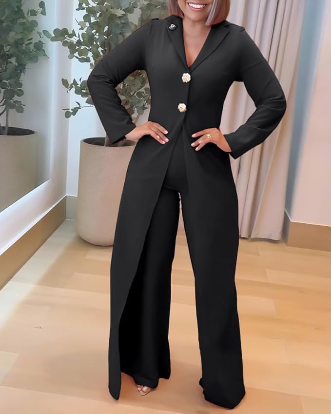 CHICME Womens Faux Two Piece Jumpsuits Casual Dressy Long Sleeve V Neck Wide Leg One Piece Outfits