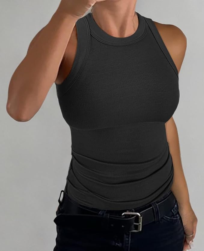 GEMBERA Womens Sleeveless Racerback High Neck Casual Basic Cotton Ribbed Fitted Tank Top