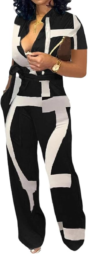 SeNight Women's Jumpsuits Elegant Business Casual Button Down V Neck Long Sleeve Strap Straight Long Pants With Pockets