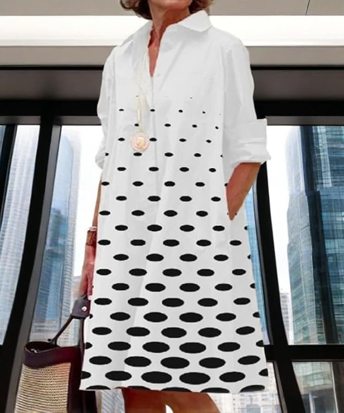 Womens 2025 Long Sleeve Button Down Shirt Summer Dress Casual V Neck Loose Fit Midi Shirt Dresses with Pockets