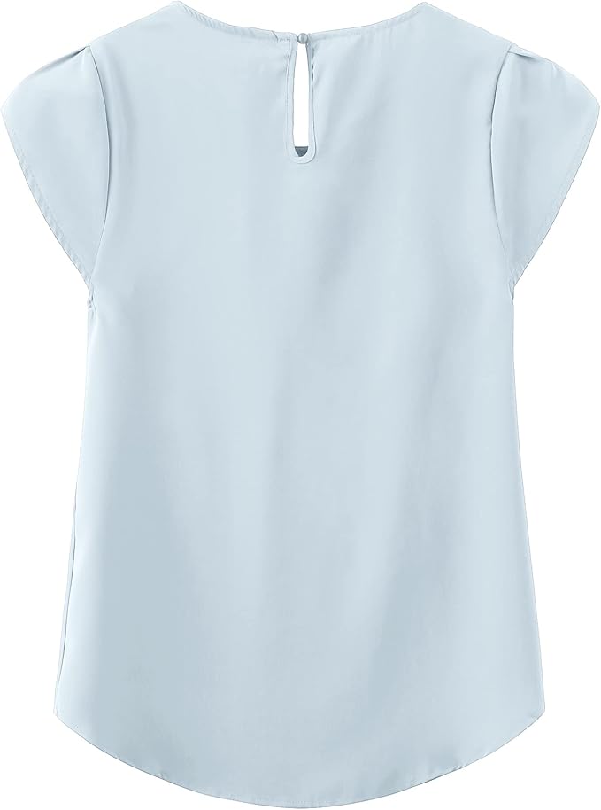 TASAMO Women's Casual Round Neck Basic Pleated Top Cap Sleeve Curved Keyhole Back Chiffon Blouse