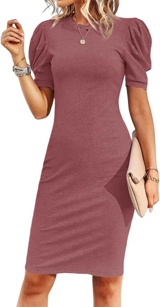 Cicy Bell Women's Puff Sleeve Bodycon Work Dresses Crew Neck Business Casual Office Pencil Dress