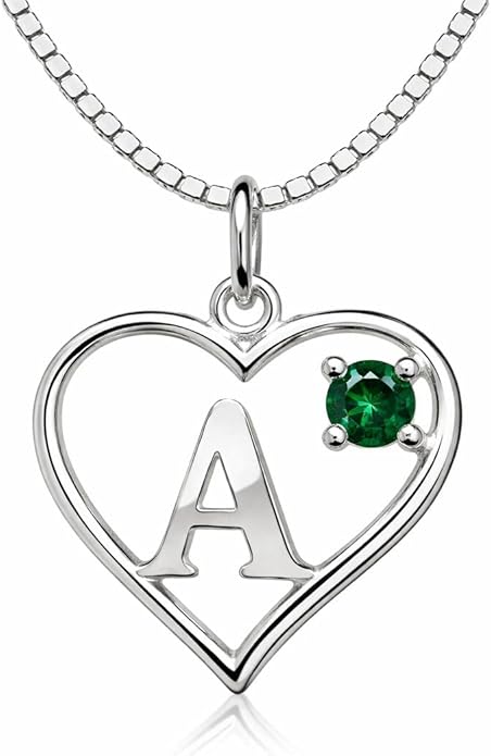 Icy Jewelry Silver Sterling Necklace Initial Letter A-Z Birthstone for Women – Personalized Custom Jewelry Pendant with Heart Design Customized Dainty Charm for Wife Girlfriend Mom – 18" Box Chain
