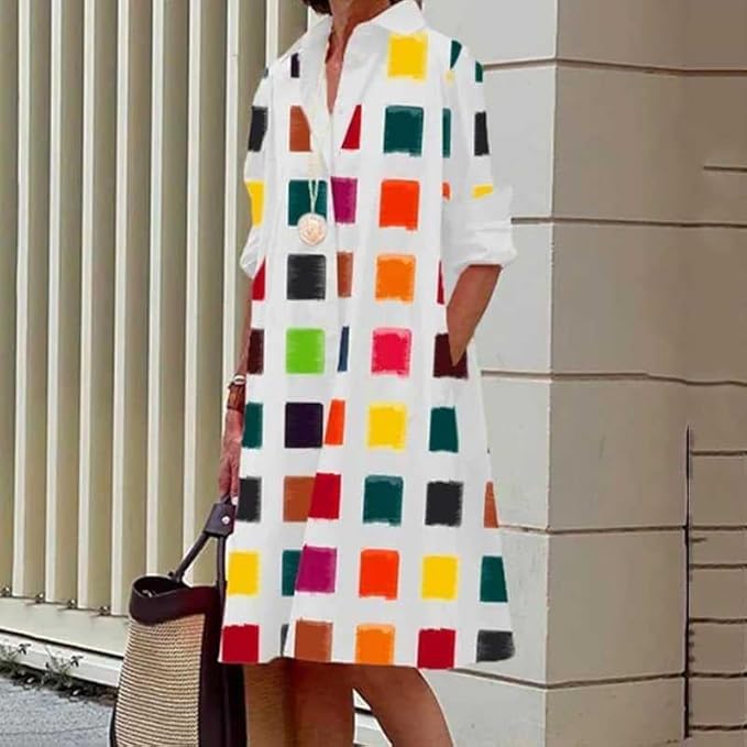 Womens 2025 Long Sleeve Button Down Shirt Summer Dress Casual V Neck Loose Fit Midi Shirt Dresses with Pockets