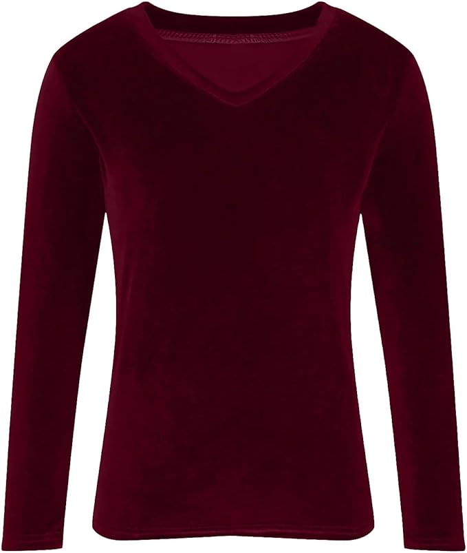 Velvet Tops for Women Dressy Casual V Neck Shirts Loose Fit Vintage Long Sleeve Velour Blouse Solid Holiday Party Outfits