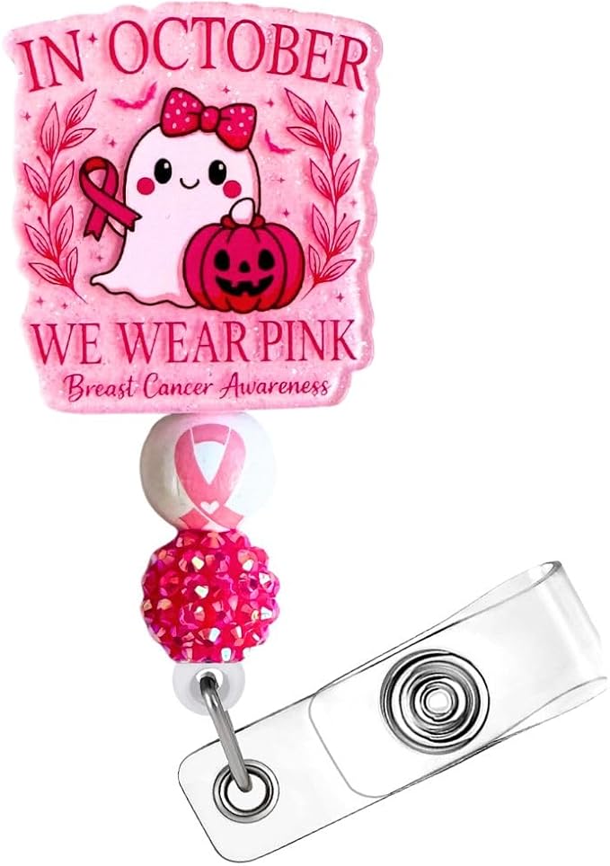 in October We Wear Pink Breast Cancer Awareness Badge Reel Ghost Halloween Hospital Clinic ID Name Holder Clip Fighters Support Survivors Accessories Gift for Healtcare Workers CNA Nurse Coworkers