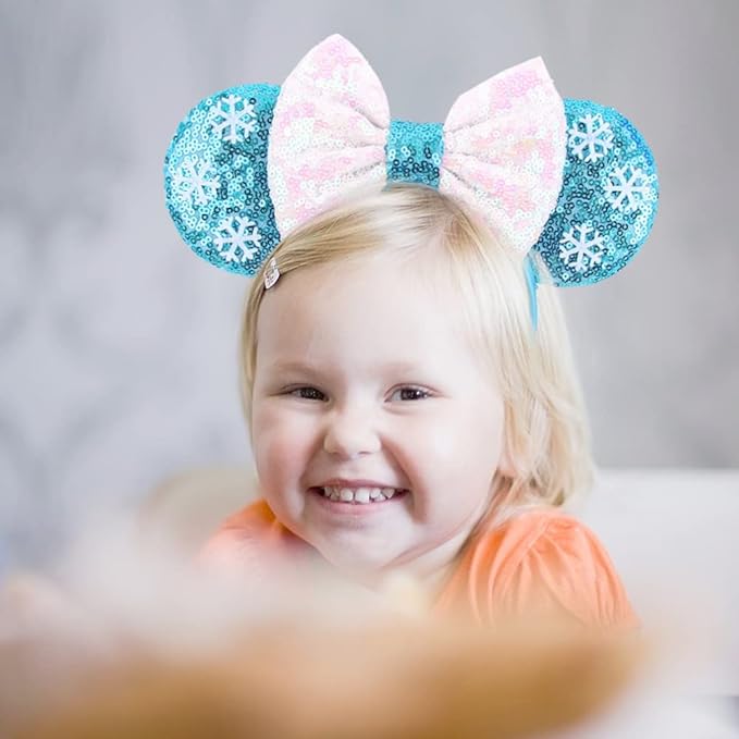 Foeran Mouse Ears Headbands Shiny Bows Mouse Ears Glitter Party Princess Decoration Cosplay Costume for Girls Women (Small ball/sky blue)