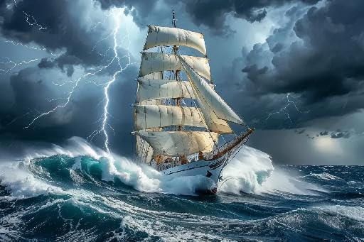 Sailboat in A Storm Puzzles for Adults 1000 Pieces, Jigsaw Puzzle Challenging Educational Family Activities Games Toys Gifts for Home Decor Thick Sturdy Hard Challenging Difficult Party Games Props
