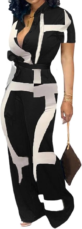 SeNight Women's Jumpsuits Elegant Business Casual Button Down V Neck Long Sleeve Strap Straight Long Pants With Pockets