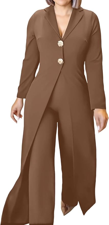 CHICME Womens Faux Two Piece Jumpsuits Casual Dressy Long Sleeve V Neck Wide Leg One Piece Outfits