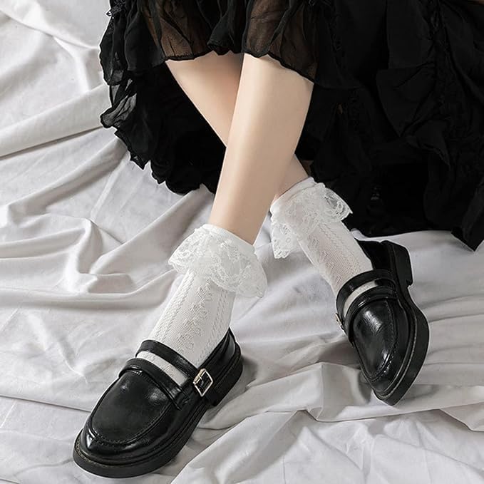 BIVOLU Womens Crew Socks Lace Ruffle Frilly Cotton Cute Princess Ankle Dress Socks for Girl 5 Pack