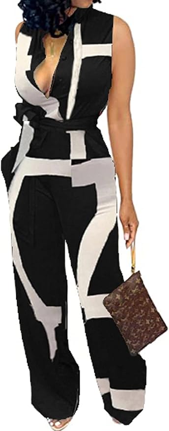 SeNight Women's Jumpsuits Elegant Business Casual Button Down V Neck Long Sleeve Strap Straight Long Pants With Pockets